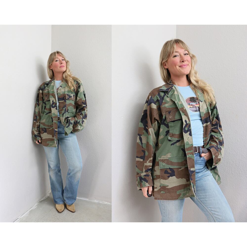 1990's Vintage Oversized Army Woodland Jacket ~ Women's MD LG XL ~ Men's MD LG